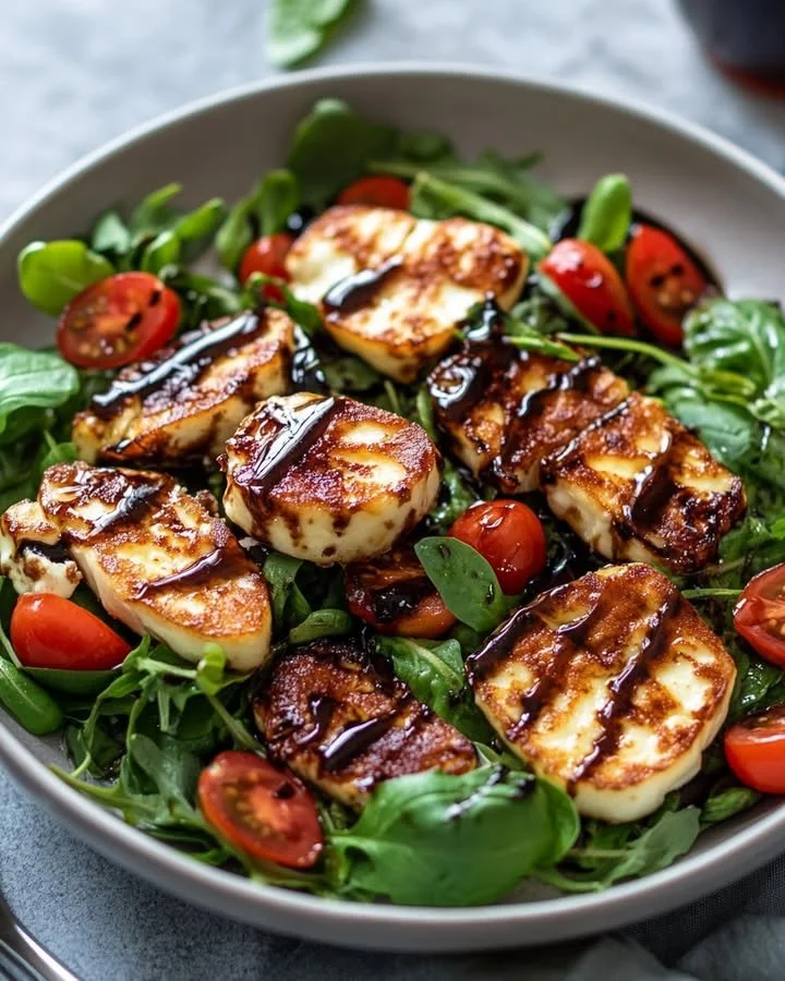Grilled halloumi and tomato salad on a rustic wooden table
