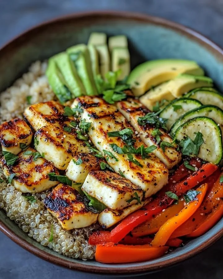 Delicious Grilled Halloumi Veggie Bowl with fresh vegetables and grilled cheese