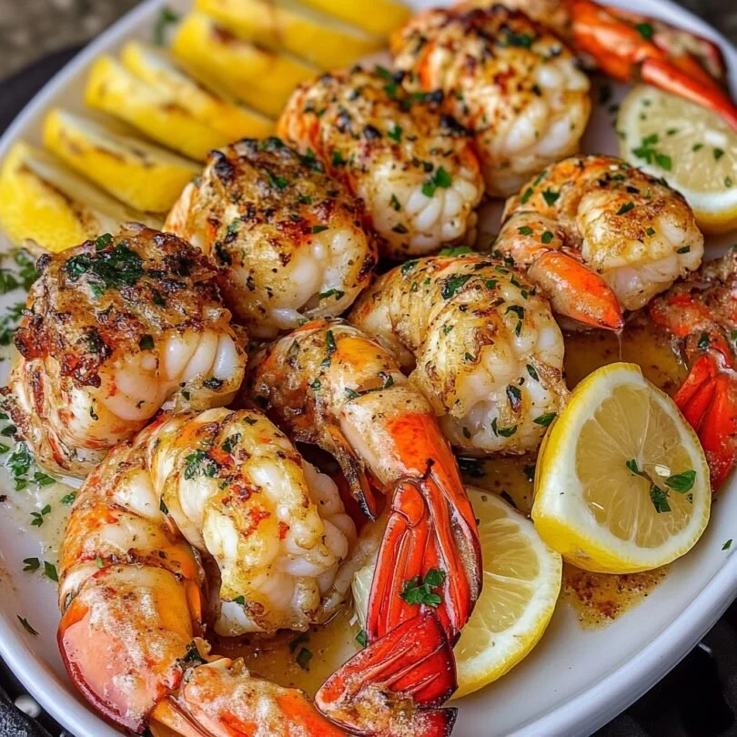 Delicious grilled lobster tails and shrimp served on a platter