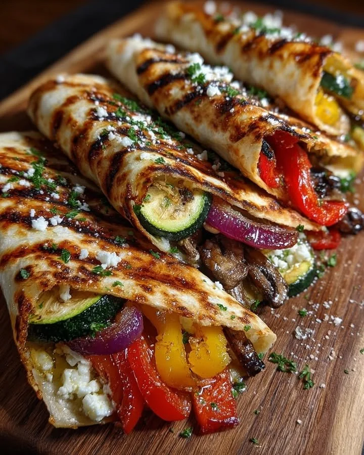 Grilled Mediterranean veggie quesadillas with feta cheese and hot honey drizzle