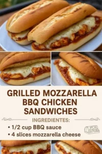 Grilled mozzarella BBQ chicken sandwich with fresh toppings and a toasted bun