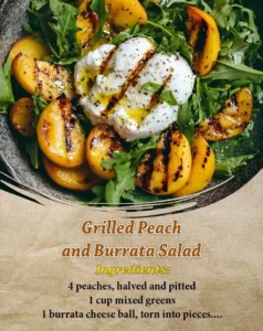 Delicious Grilled Peach and Burrata Salad served on a plate