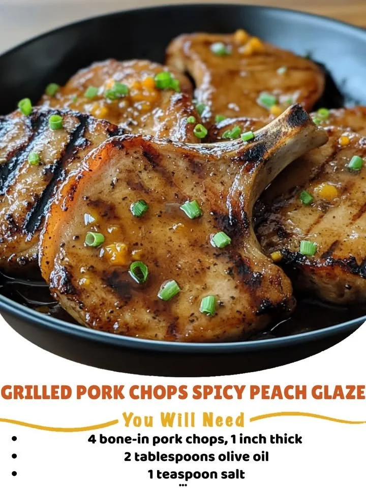 Grilled pork chops glazed with spicy peach sauce on a plate