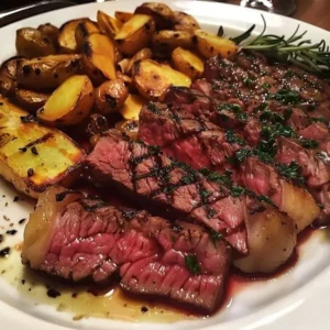 Grilled ribeye steak served with roasted potatoes on a plate