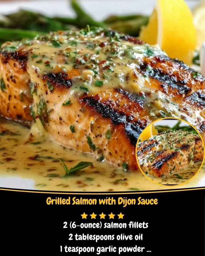 Grilled salmon fillet topped with Dijon sauce served on a plate.