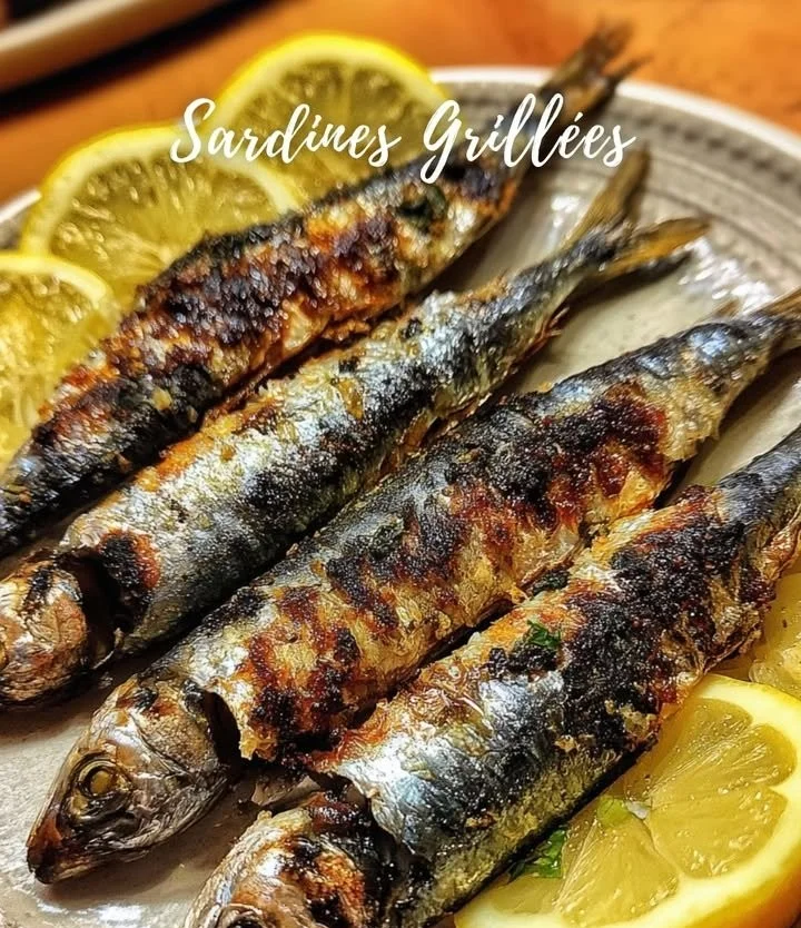 Plate of grilled sardines garnished with herbs and lemon