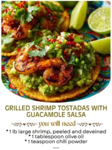 Delicious grilled shrimp tostadas topped with guacamole salsa