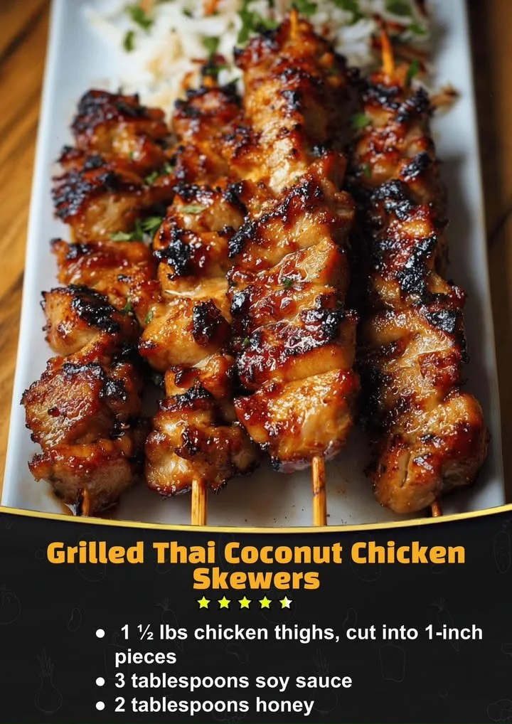 Grilled Thai coconut chicken skewers served on a plate with fresh vegetables.