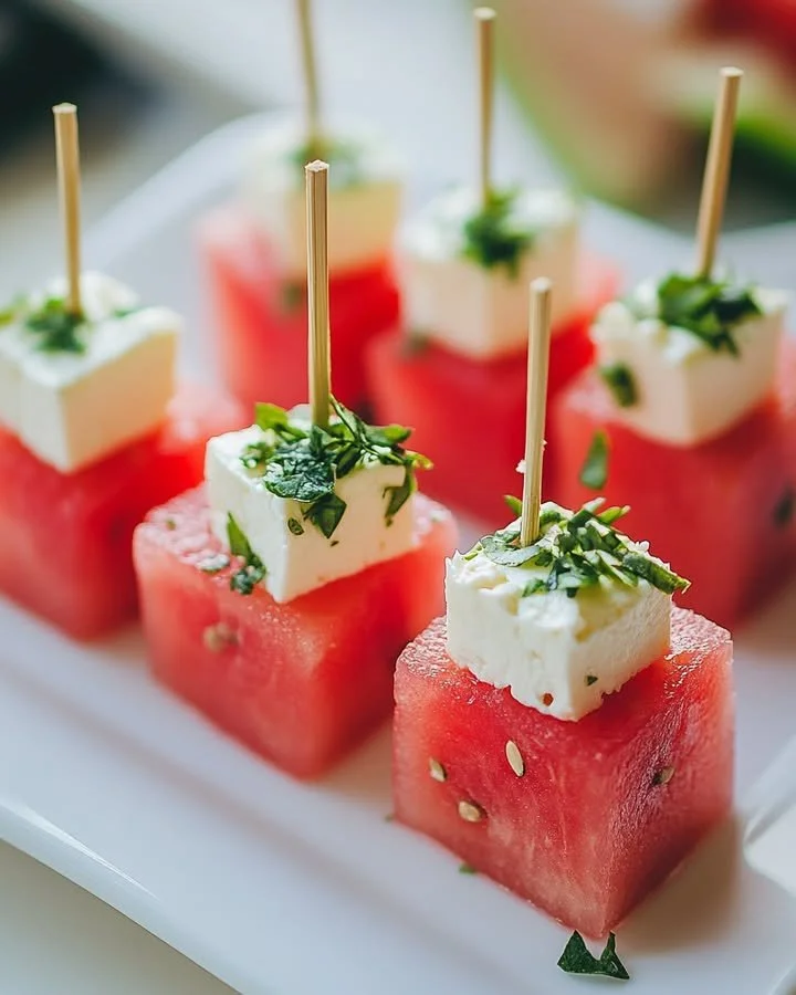 Grilled watermelon and feta bites drizzled with mint-lime sauce on a plate.