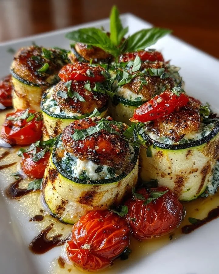 Grilled zucchini rollups filled with lemon-basil ricotta and slow roasted tomatoes