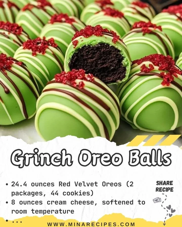 Delicious Grinch Oreo Balls topped with festive green coating and red decorations