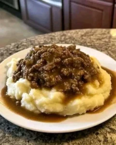 Delicious ground beef and gravy served over fluffy mashed potatoes.
