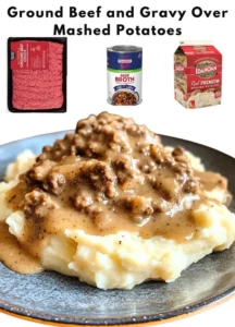 Ground beef and gravy served over creamy mashed potatoes in a bowl