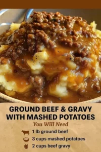 Ground beef and gravy served over fluffy mashed potatoes