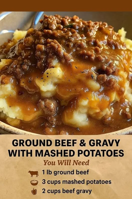 Ground beef and gravy served over fluffy mashed potatoes
