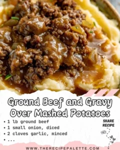 Ground beef and gravy served over fluffy mashed potatoes, a hearty meal.