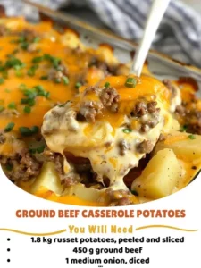 Ground beef potato casserole topped with cheese in a baking dish