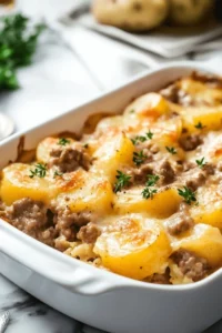 Delicious ground beef and potato casserole topped with cheese and herbs