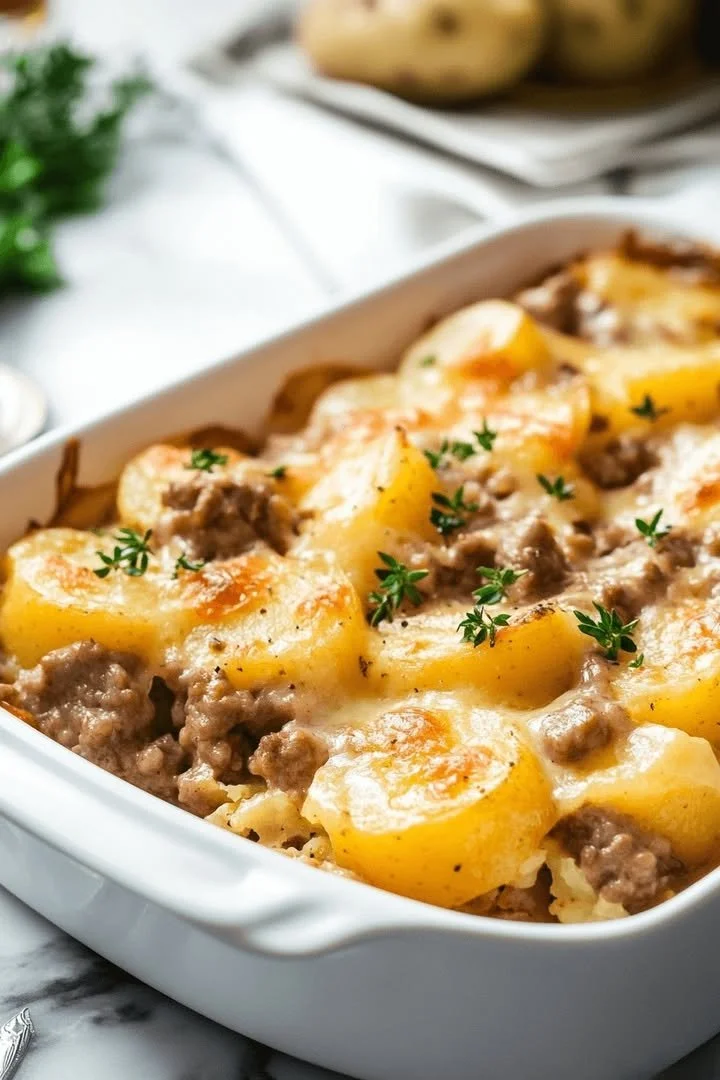 Delicious ground beef and potato casserole topped with cheese and herbs