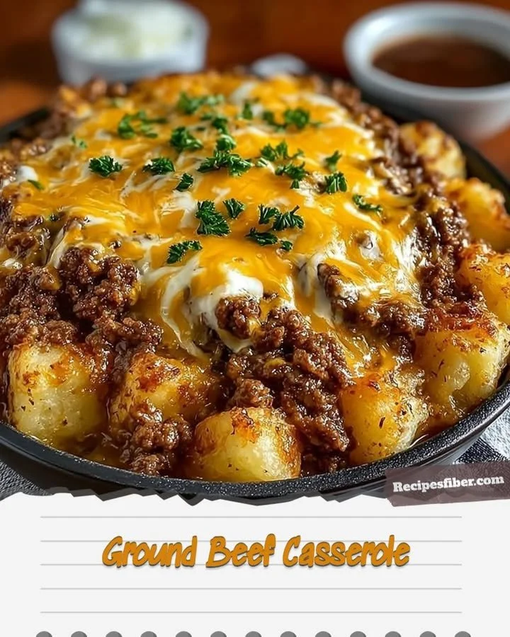 Delicious ground beef casserole served in a baking dish with melted cheese on top