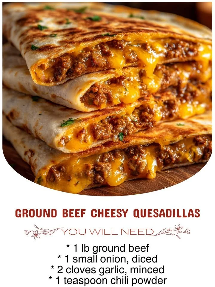 Delicious ground beef cheesy quesadillas served with dipping sauce