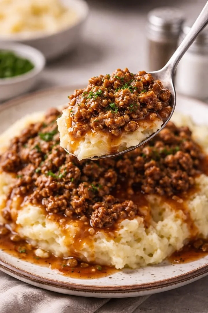 Ground beef and gravy served over creamy mashed potatoes