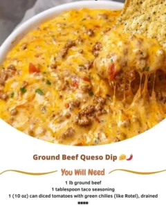 Creamy Ground Beef Queso Dip served in a bowl with tortilla chips