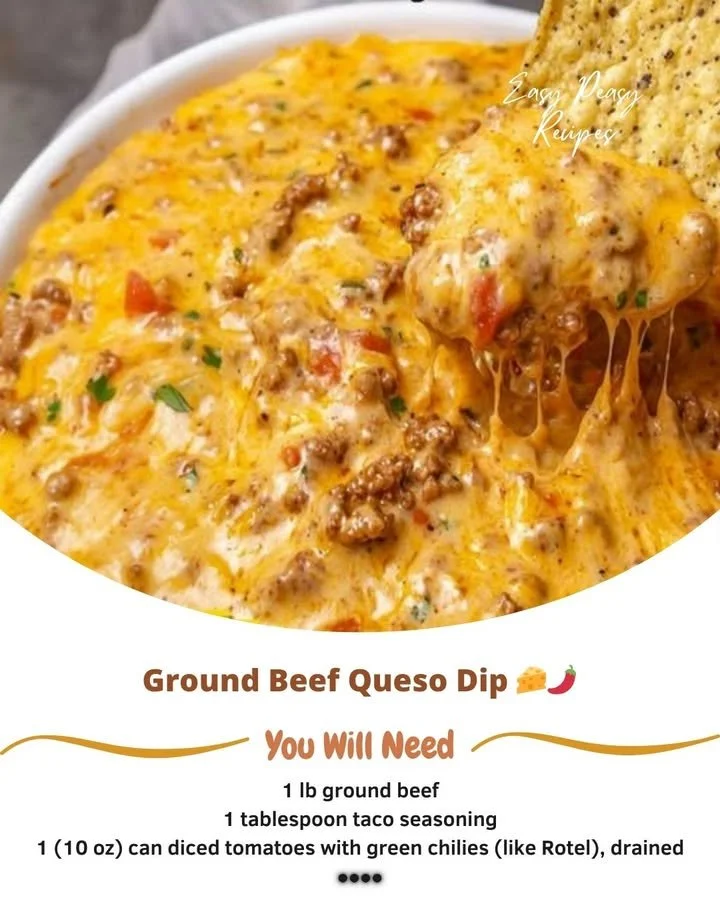 Creamy Ground Beef Queso Dip served in a bowl with tortilla chips