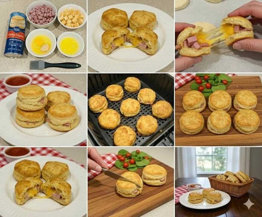 Savory ham and cheese biscuit bites ready for serving at a gathering