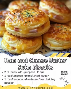 Delicious Ham and Cheese Biscuits swimming in buttery goodness