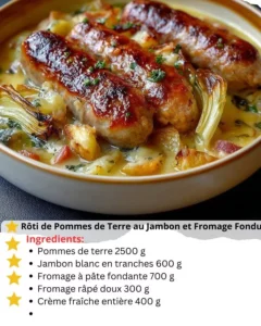 Ham and Cheese Melted Potato Roast with melted cheese and chunks of ham