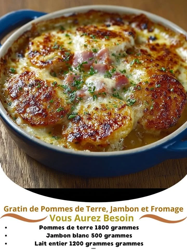Delicious ham and cheese potato gratin dish garnished with herbs