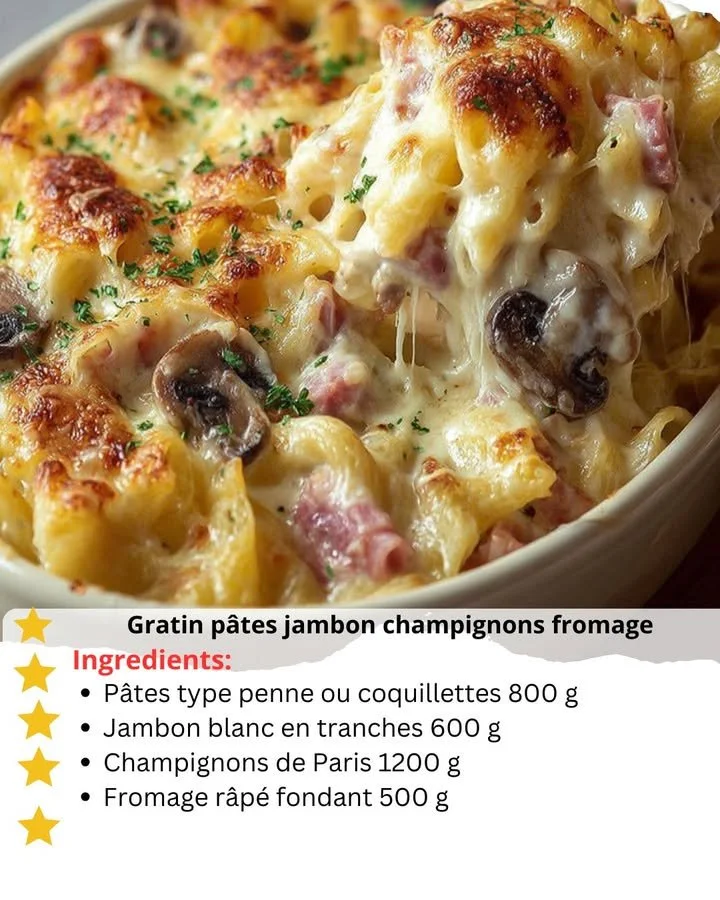 Delicious ham and mushroom pasta bake topped with melted cheese