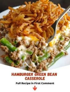 Delicious hamburger green bean casserole served in a baking dish.