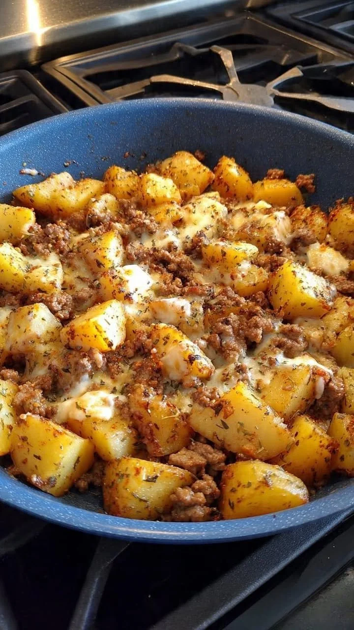Delicious hamburger hash with ground beef, potatoes, and vegetables in a skillet.