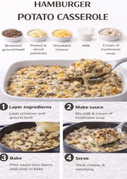 Delicious hamburger potato casserole with melty cheese and crispy toppings