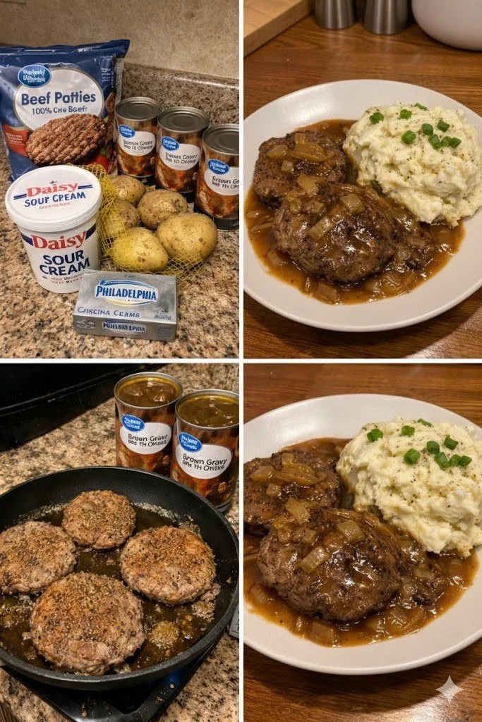 Hamburger Steak with Onion Gravy and Mashed Potatoes