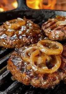 Delicious hamburger steaks topped with savory onion gravy served on a plate.