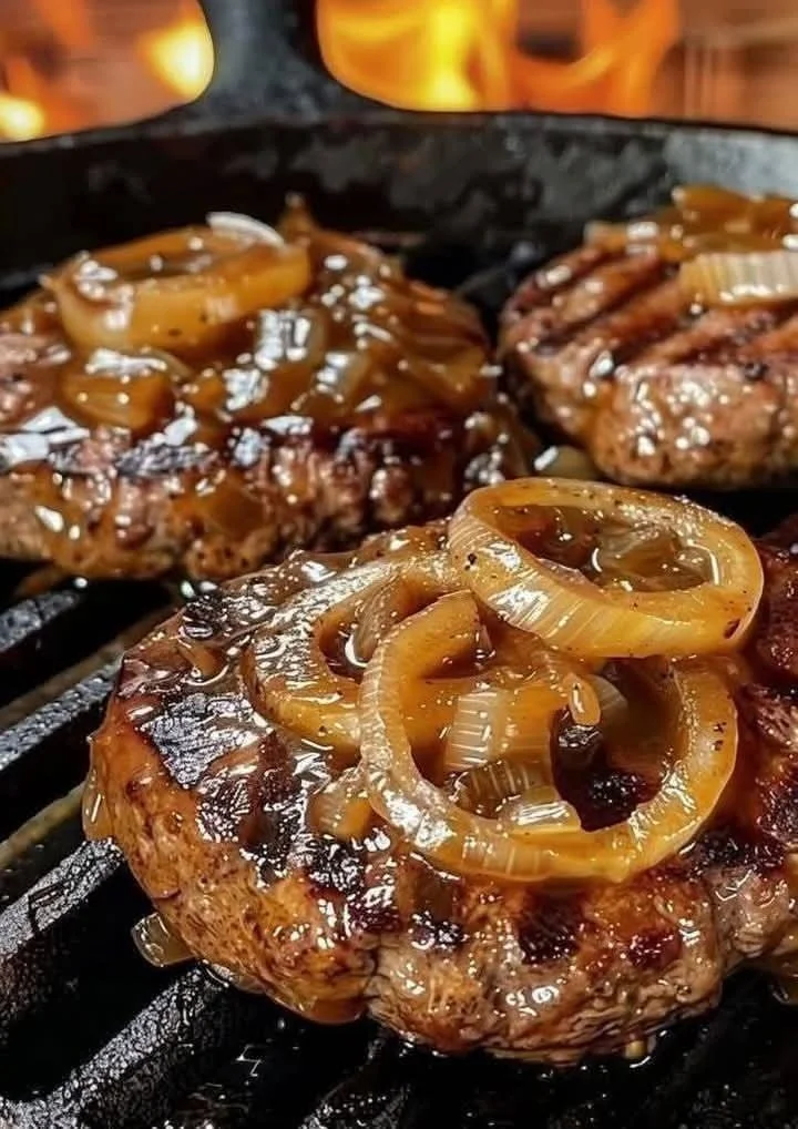 Delicious hamburger steaks topped with savory onion gravy served on a plate.