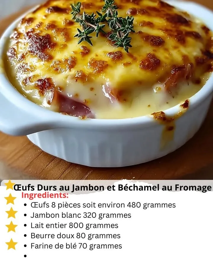 Hard-boiled eggs with ham and cheese béchamel served on a plate