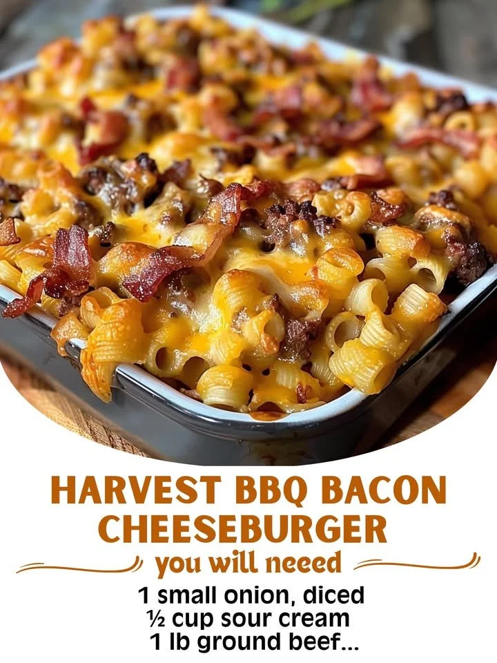 Delicious BBQ Bacon Cheeseburger Casserole in a baking dish
