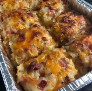 Delicious hashbrown casserole baked with cheese and toppings