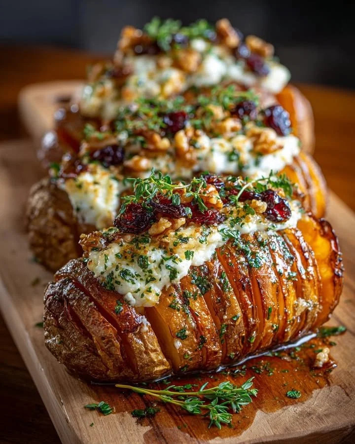 Hasselback sweet potatoes stuffed with brie and cranberry walnut filling