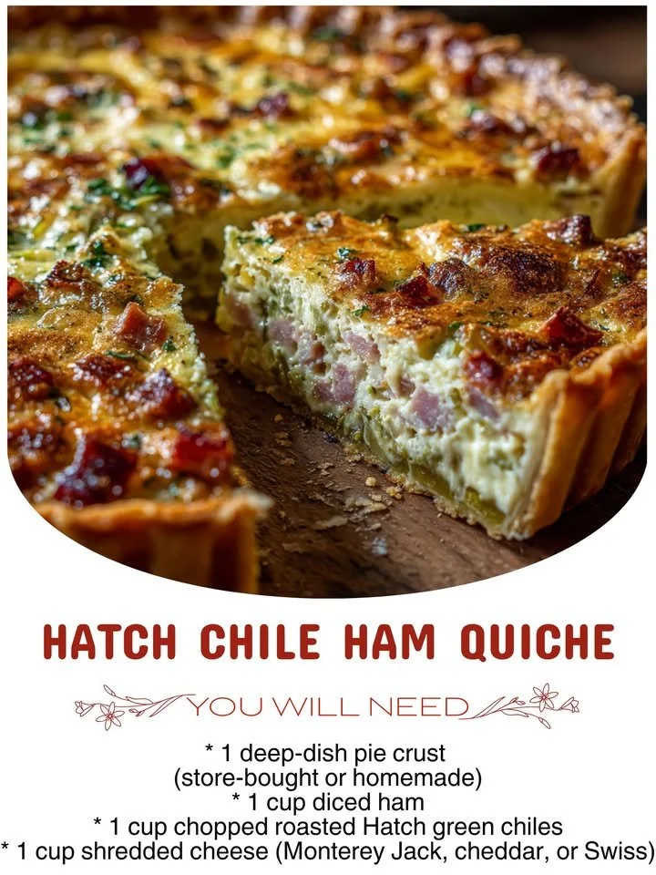 Delicious Hatch Chile Ham Quiche served on a plate with fresh herbs