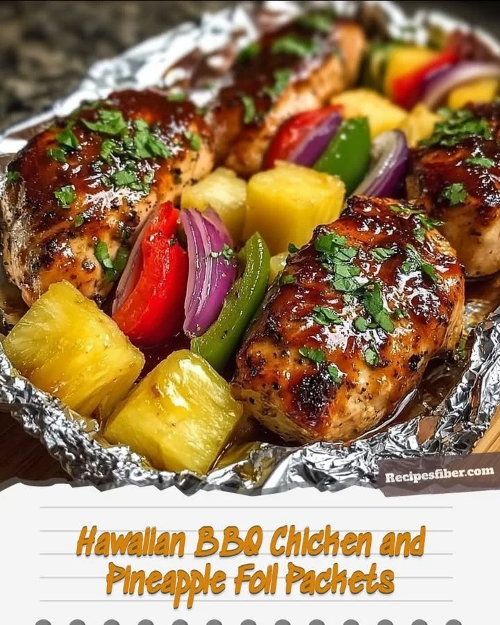 Hawaiian BBQ chicken and pineapple foil packets ready for grilling