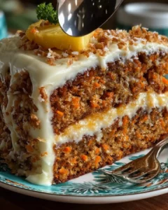 Hawaiian Carrot Pineapple Cake topped with cream cheese frosting and pineapples.