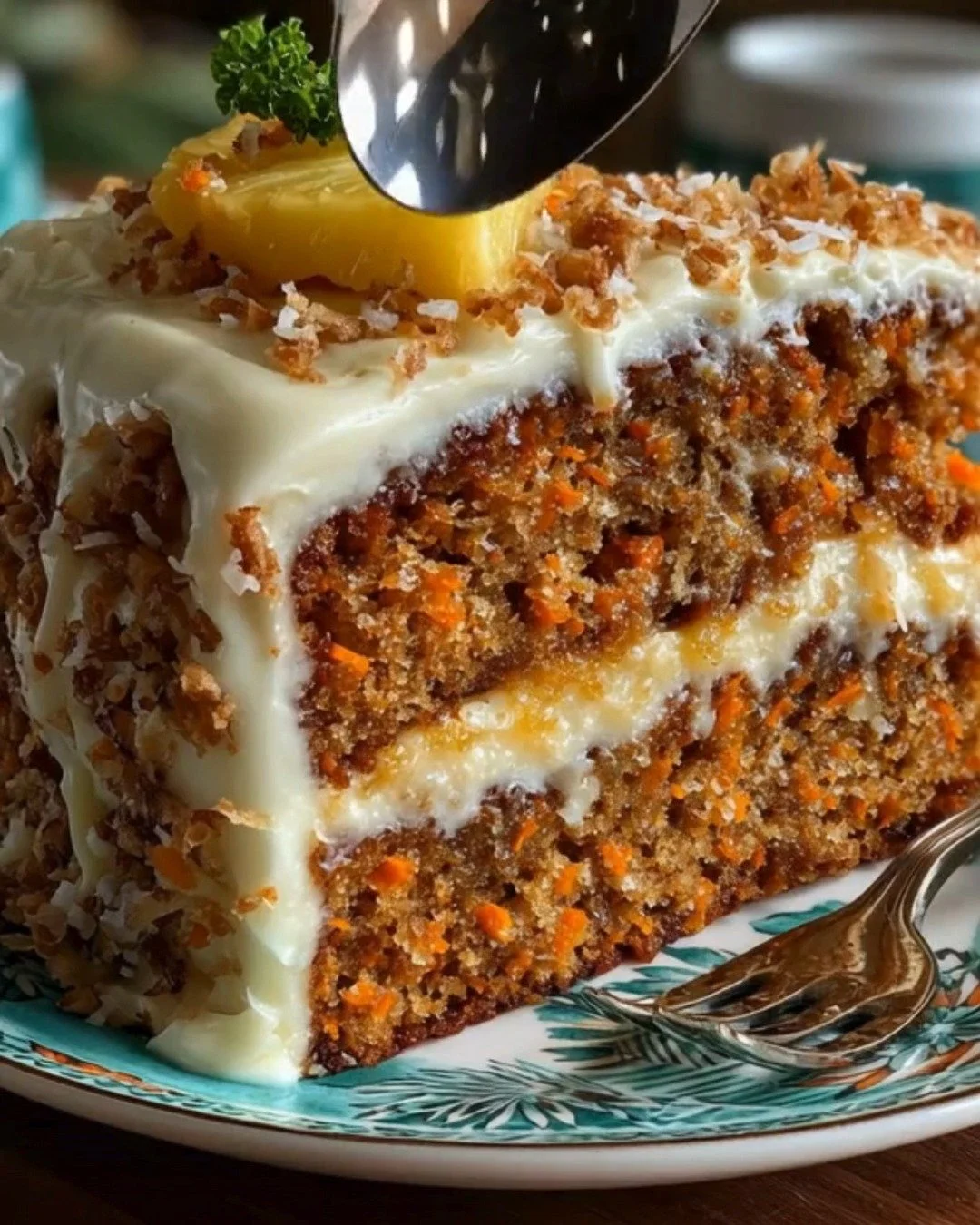 Hawaiian Carrot Pineapple Cake topped with cream cheese frosting and pineapples.