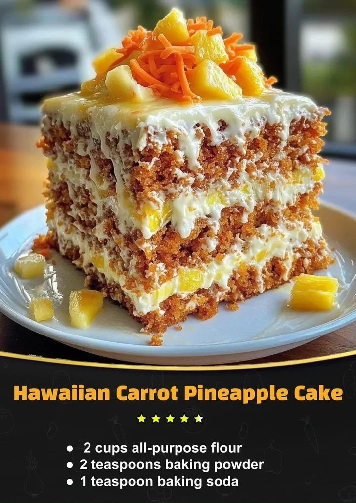 Hawaiian Carrot Pineapple Cake with cream cheese frosting and garnished with pineapple