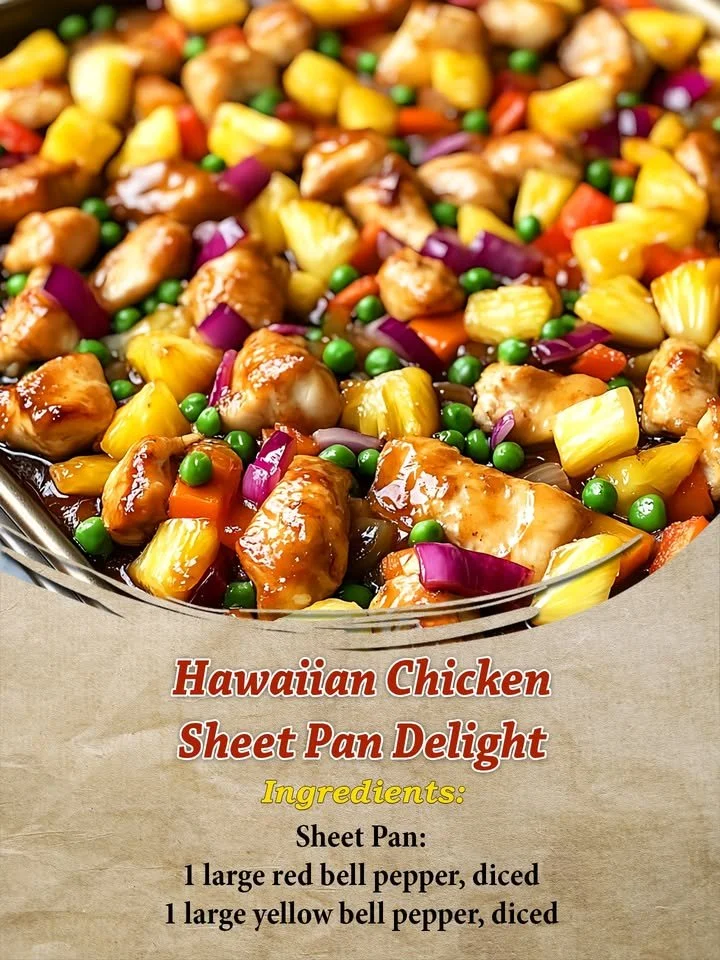 Hawaiian chicken sheet pan meal with colorful vegetables