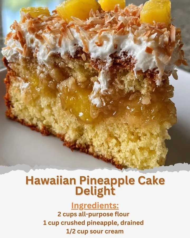 Delicious Hawaiian Pineapple Cake topped with tropical fruits and whipped cream